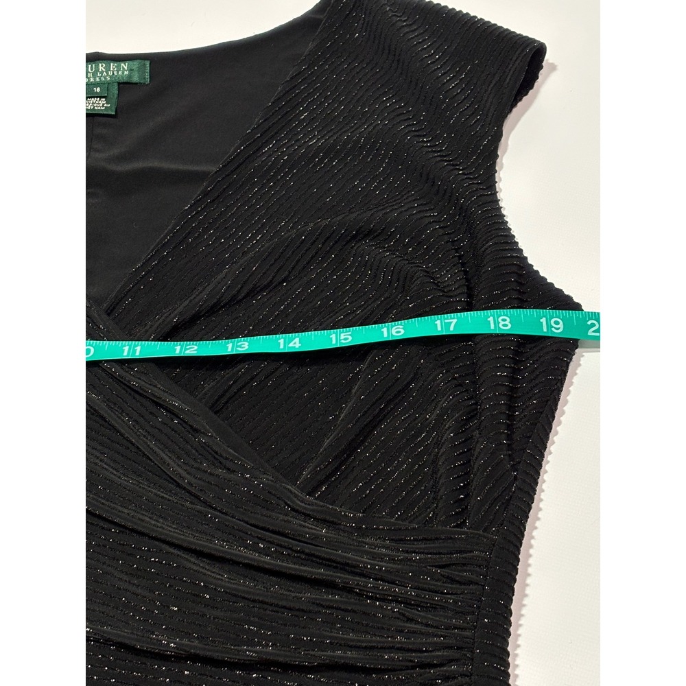 Lauren Ralph Lauren Dress Sz 16 Black Metallic Faux Wrap Ruched Sheath Shimmer - Picture 7 of 11